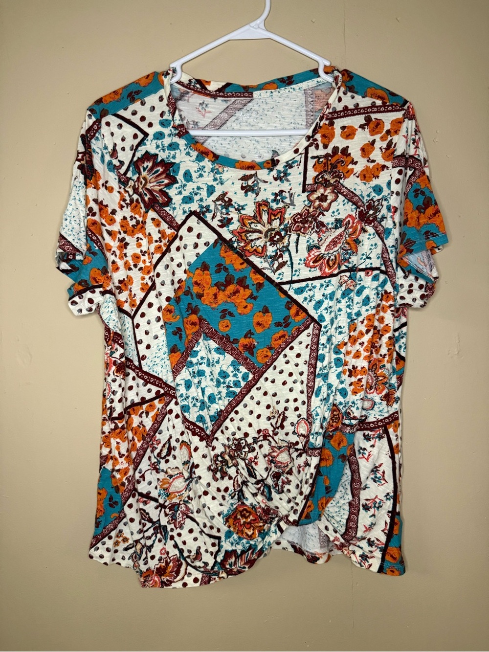 Maurices 24/7 Boho Floral Patchwork Tee Tie Front 2X